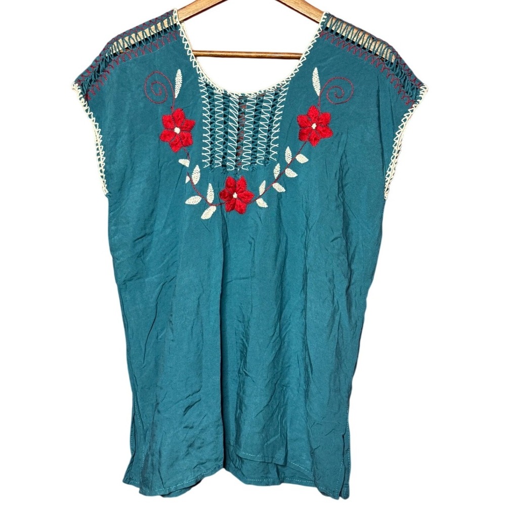 Unbranded Women NA Mexican Huipil Floral Embroidery Boho Peasant Blue Blouse